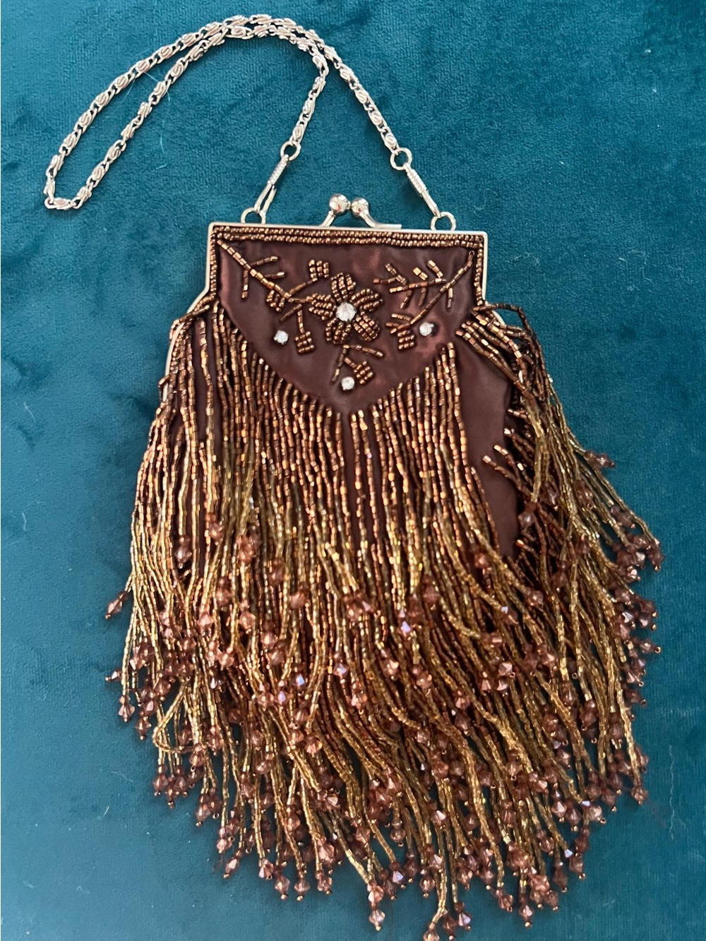 Lily Brown Beaded Fringe Evening Clutch with Gold Accents